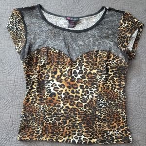 Ultra Flirt Leopard Print Mesh Yoke Short Sleeve Top - Brown Black